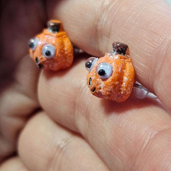 Sparkly Orange Halloween Pumpkin Googly Eye Earrings Tiny Festive - Picture 3 of 8